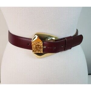 Vintage Anne Klein Brown Leather Belt Gold Tone Lion Head Buckle Small USA